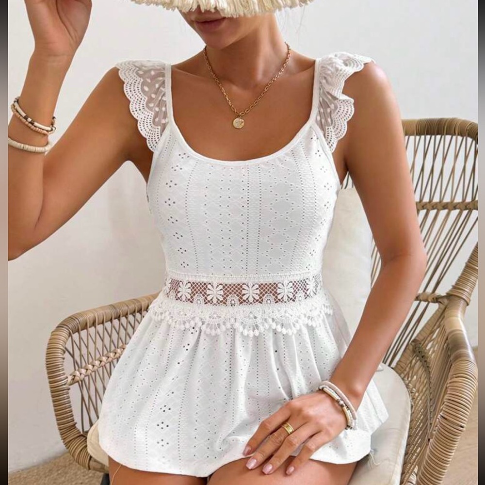Boho Eyelet Sheer Mesh Embroidery Lace Peplum Sleeveless Top Blouse Shirt - Picture 4 of 5